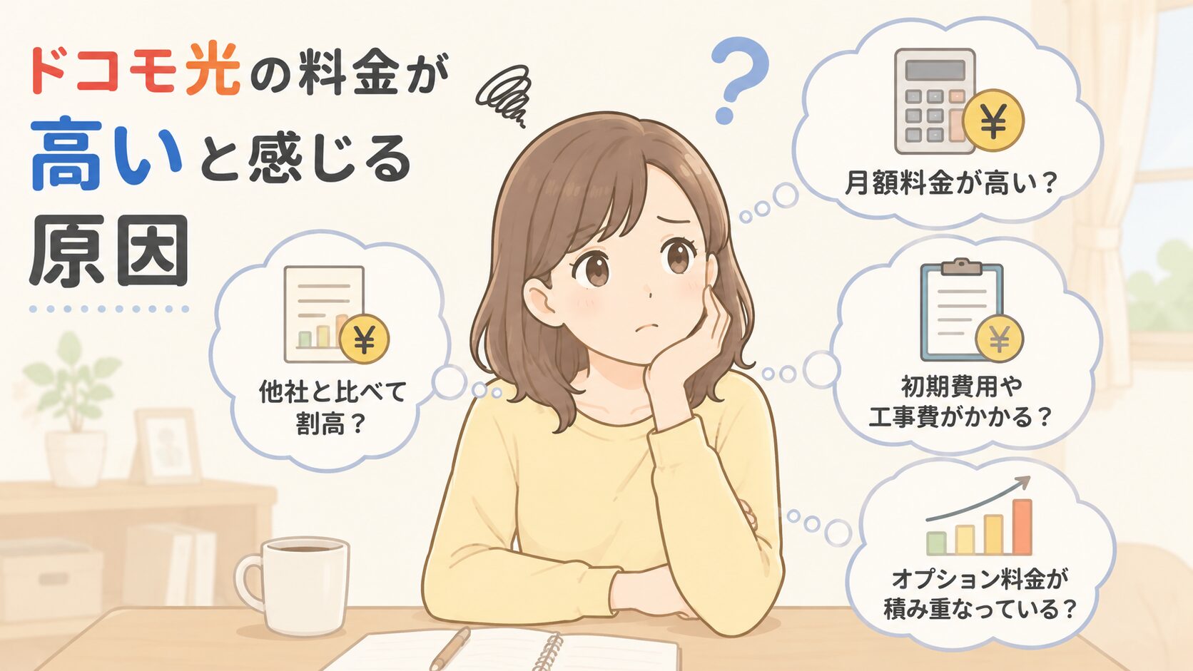 ドコモ光の料金が高いと感じる原因について悩んでいる女性のイメージ画像