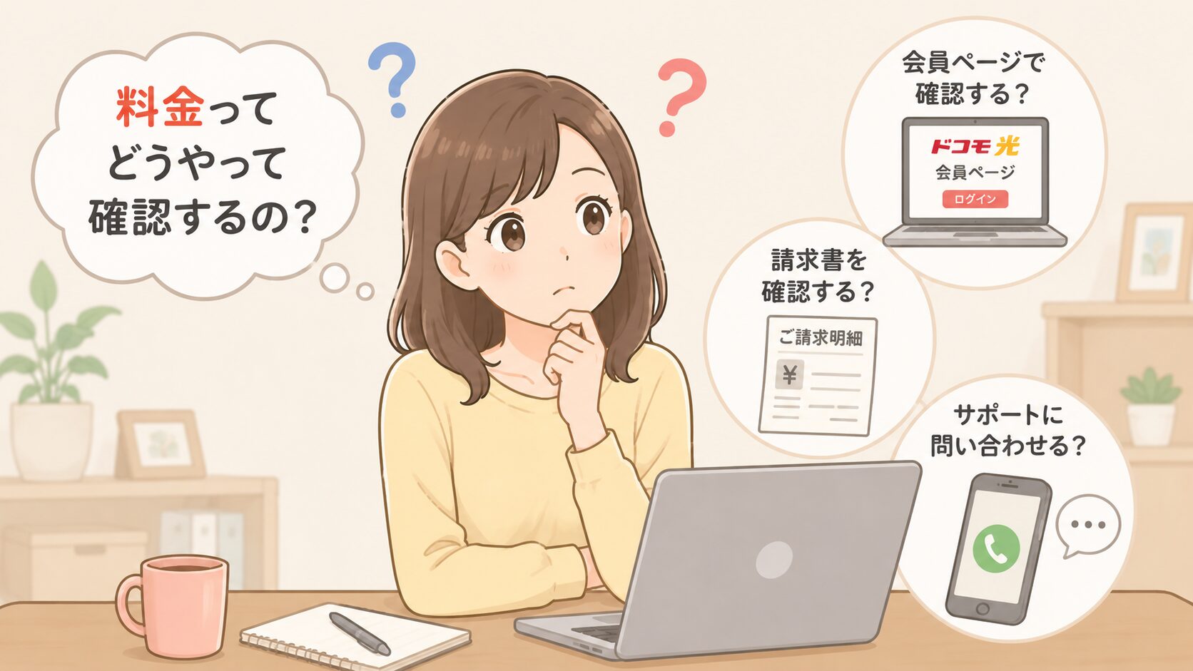 ドコモ光の料金をどうやって確認するのか考えている女性のイメージ画像
