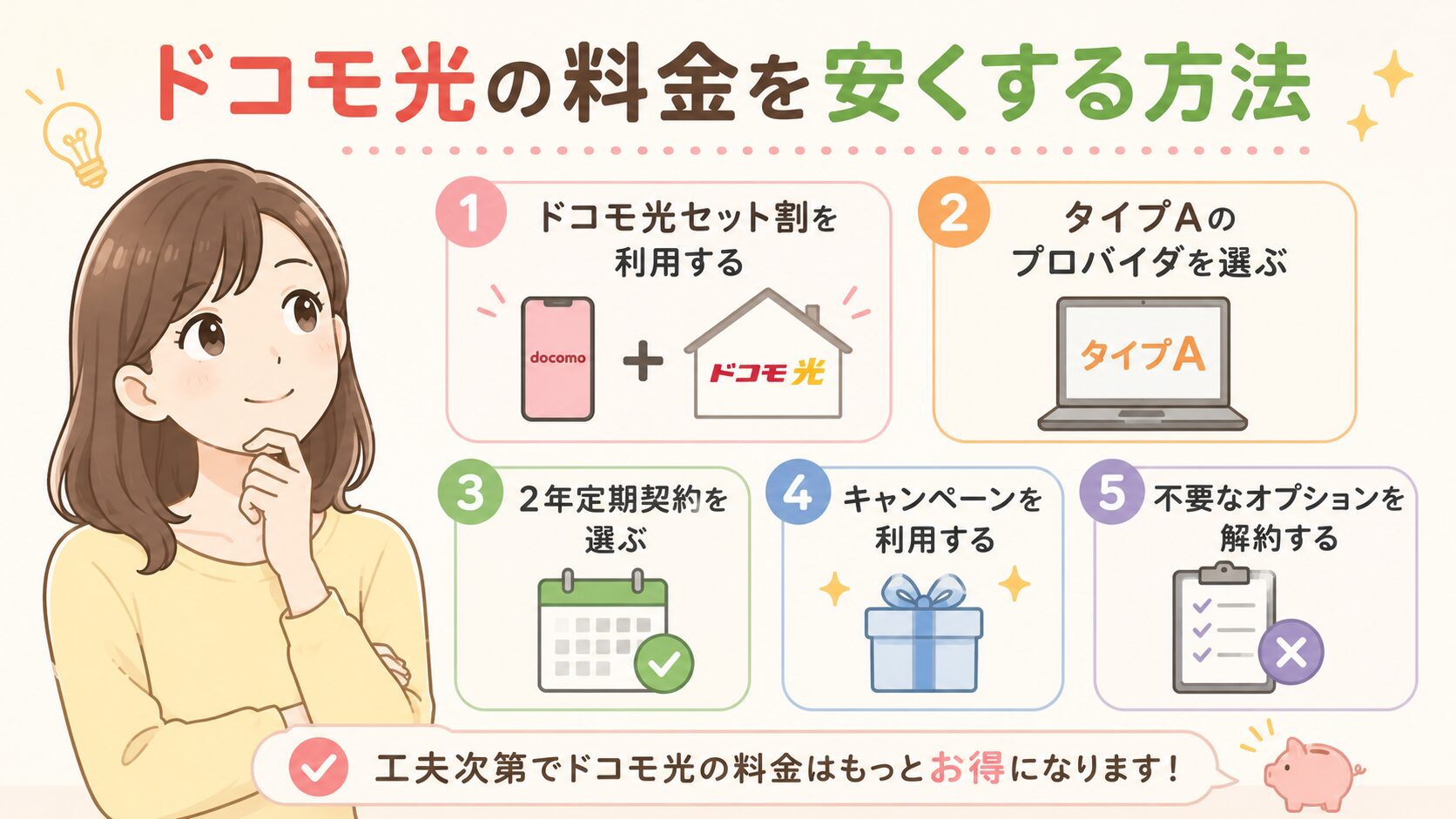 ドコモ光の料金を安くする5つの方法を紹介するイメージ画像