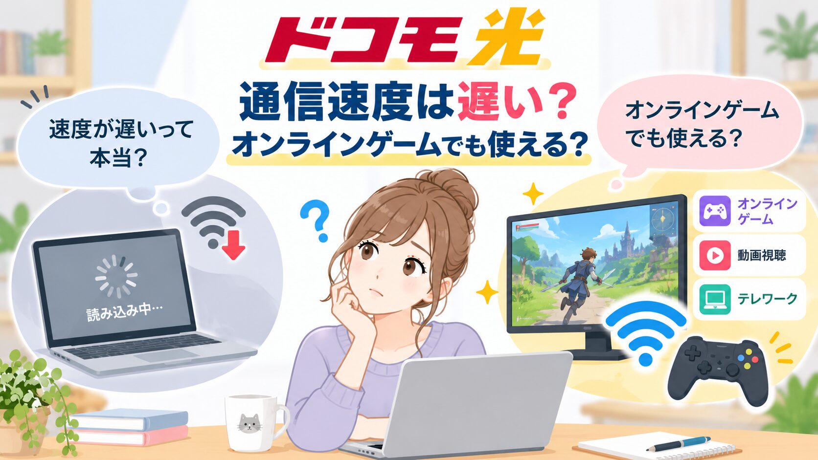 ドコモ光の通信速度やオンラインゲームでの使いやすさのイメージ画像