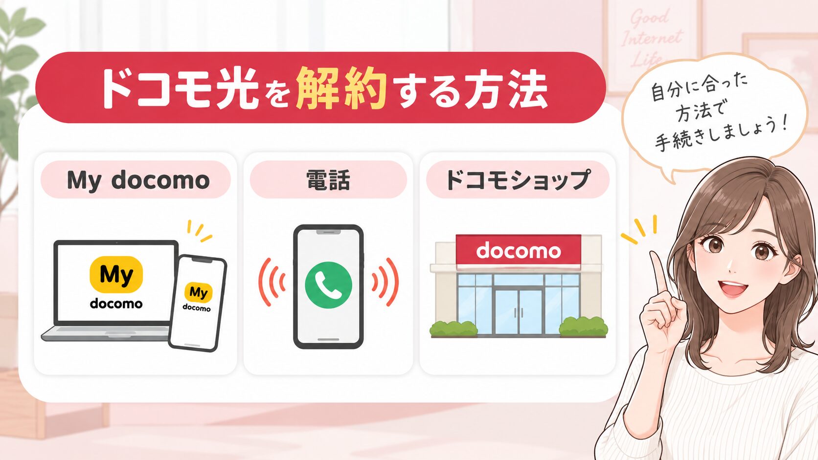 ドコモ光を解約する3つの方法（My docomo・電話・ドコモショップ）を紹介するイメージ画像