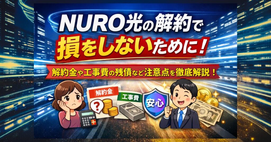 NURO光の解約で損をしないための注意点や解約金、工事費の残債をまとめたイメージ画像