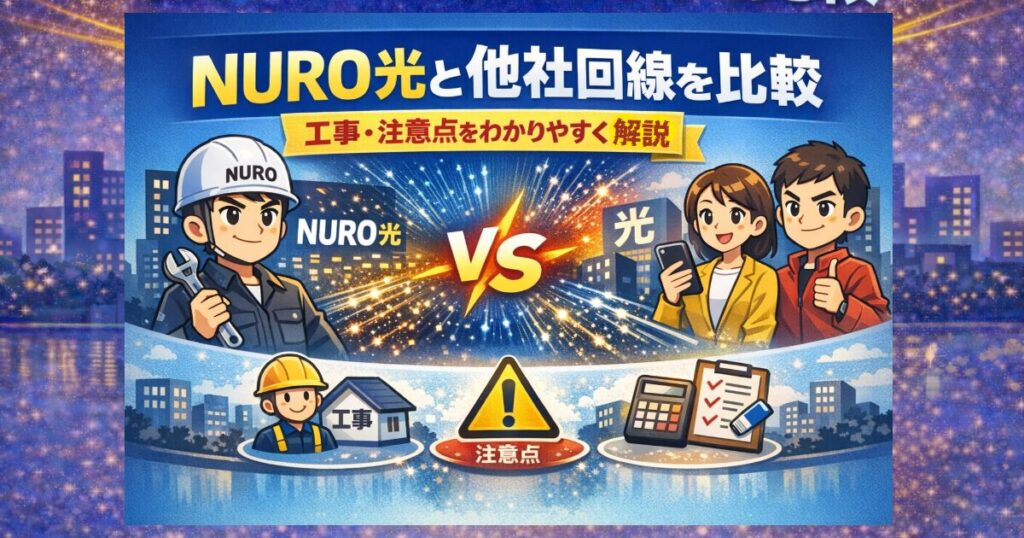 NURO光とドコモ光・ソフトバンク光・auひかりを比較し、工事の注意点をまとめたイメージ画像