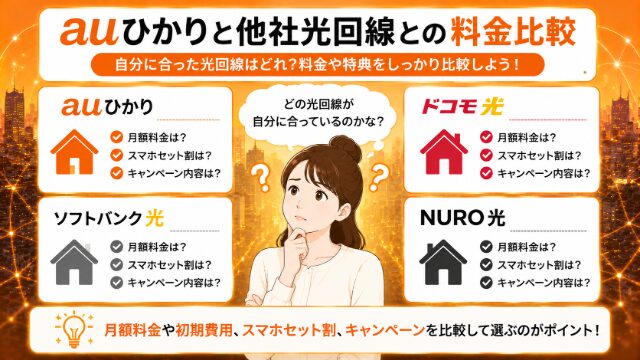 auひかりとドコモ光、ソフトバンク光、NURO光の料金やサービスを比較しているイメージ画像