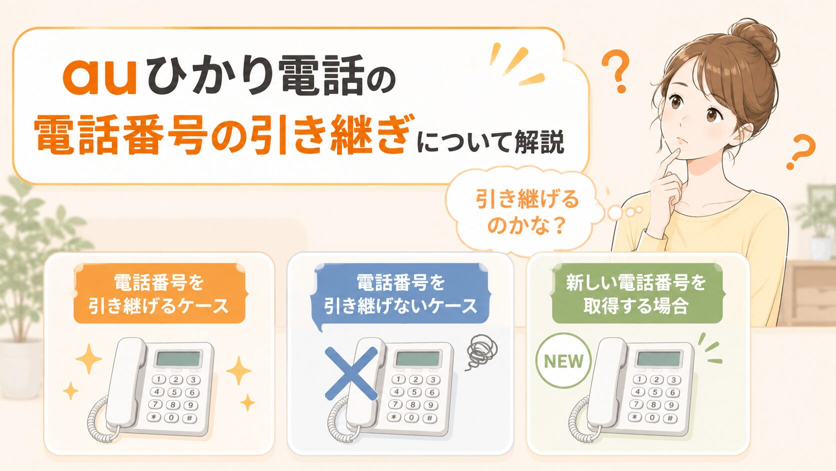 auひかり電話の電話番号を引き継げるケースや引き継げないケース、新しい電話番号を取得する場合のイメージ画像