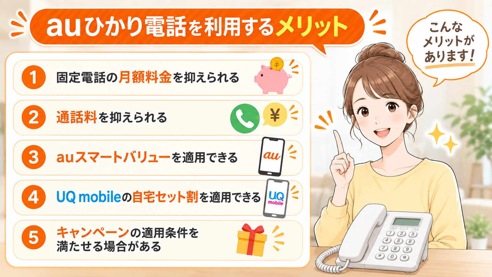 auひかり電話を利用する5つのメリットを紹介するイメージ画像