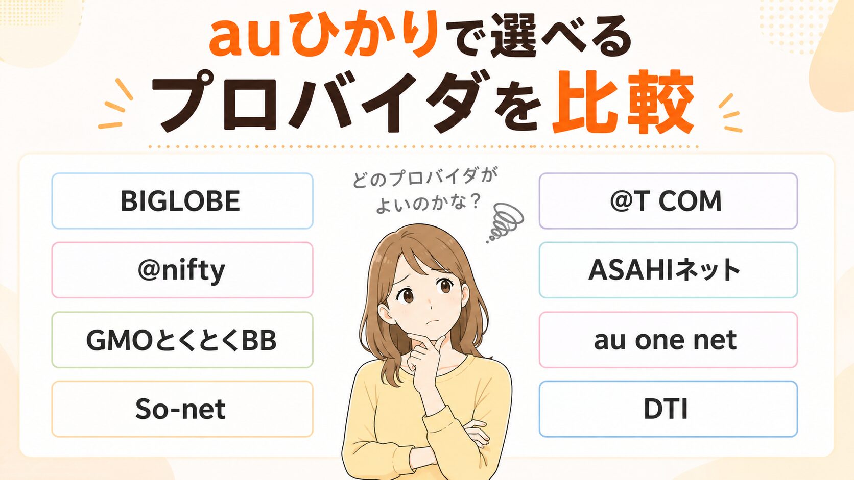 auひかりで選べる8社のプロバイダを比較するイメージ画像