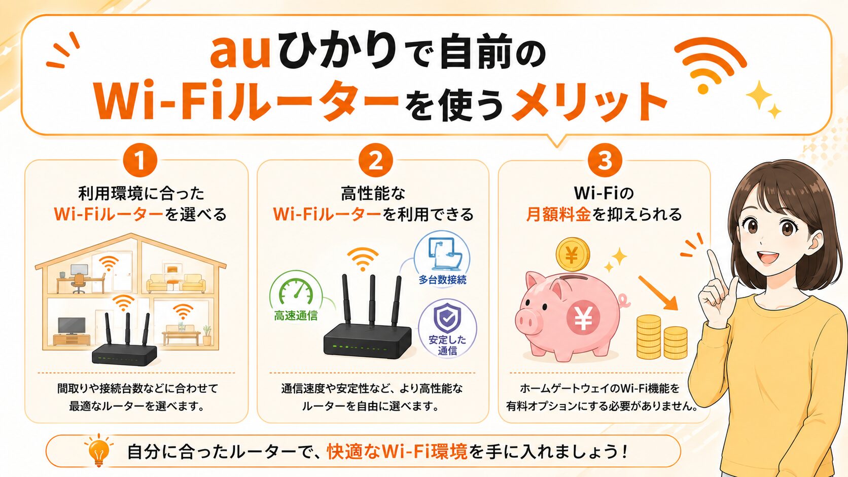 auひかりで自前のWi-Fiルーターを使う3つのメリットを紹介する画像