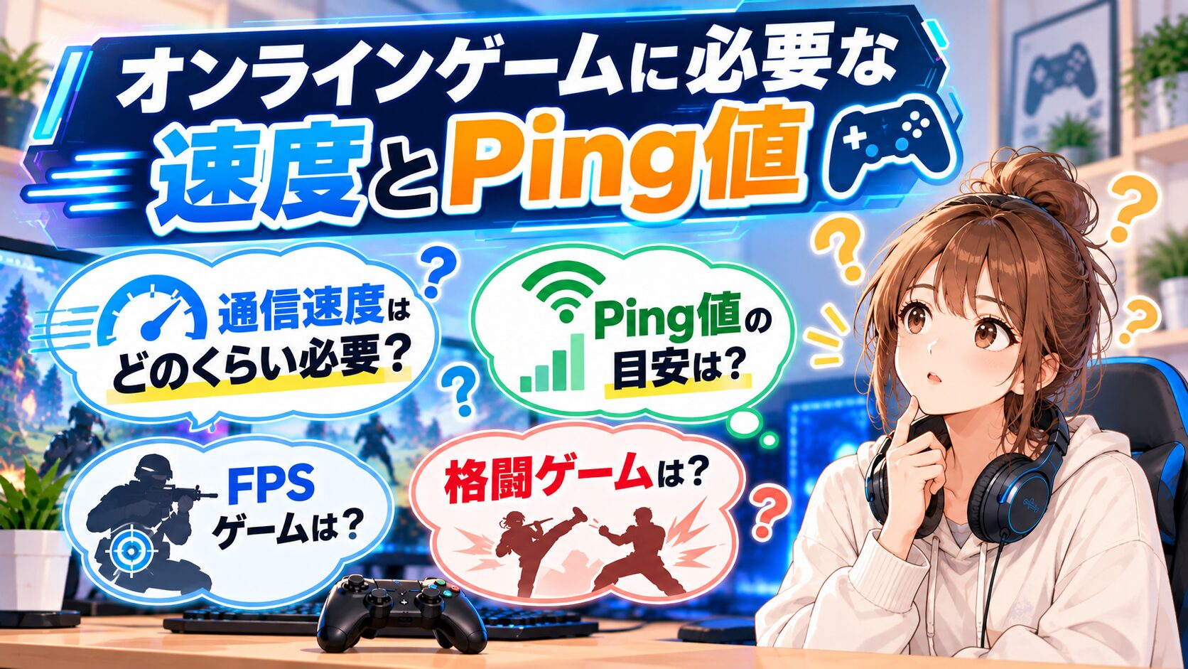 オンラインゲームに必要な速度とPing値の目安を解説するイメージ画像