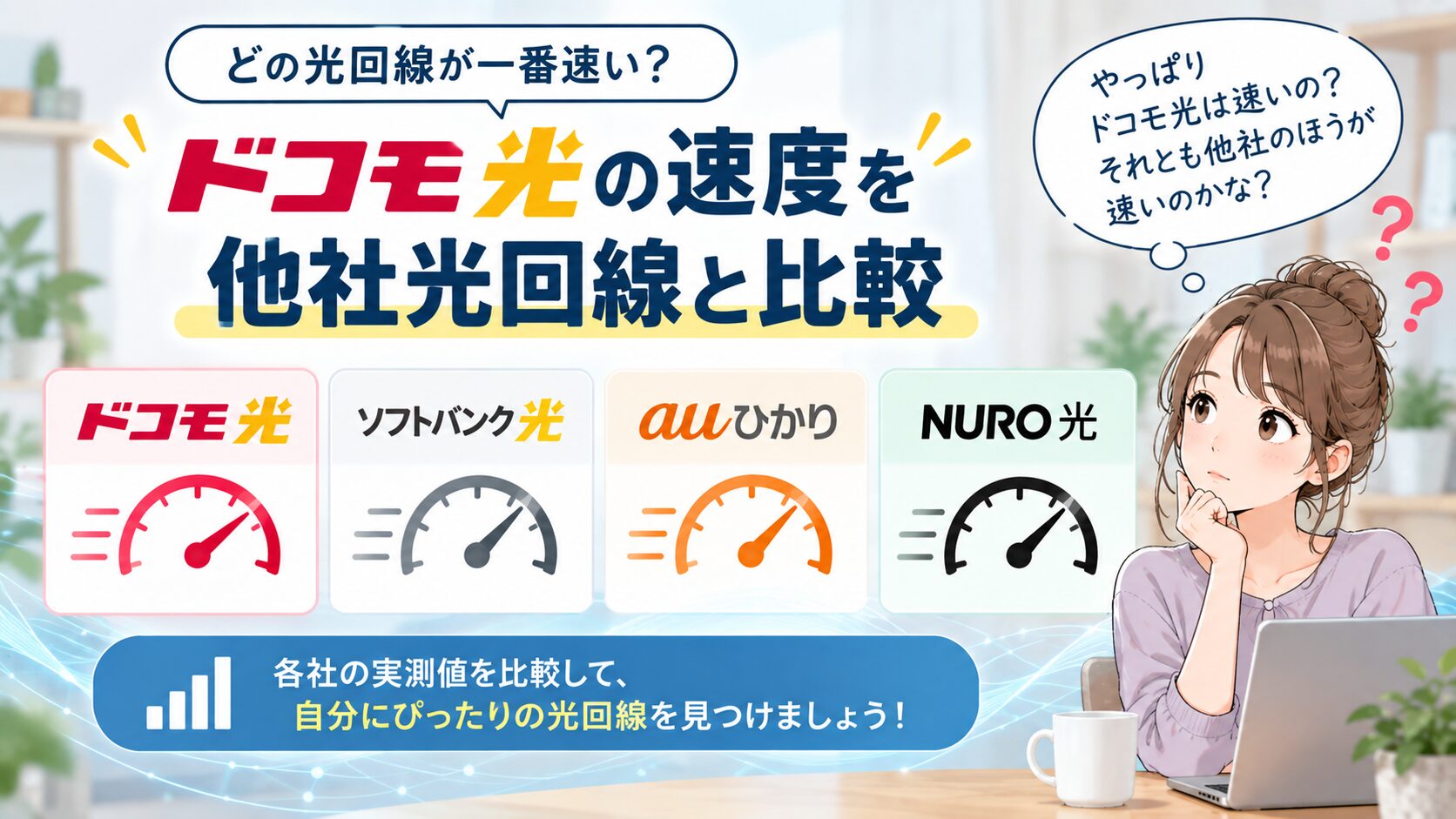 ドコモ光の実測速度をソフトバンク光・auひかり・NURO光と比較する画像