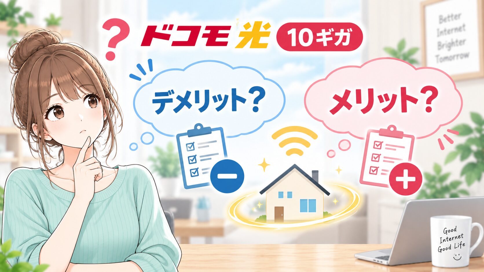 ドコモ光10ギガのデメリットとメリットについて考える女性のイメージ画像