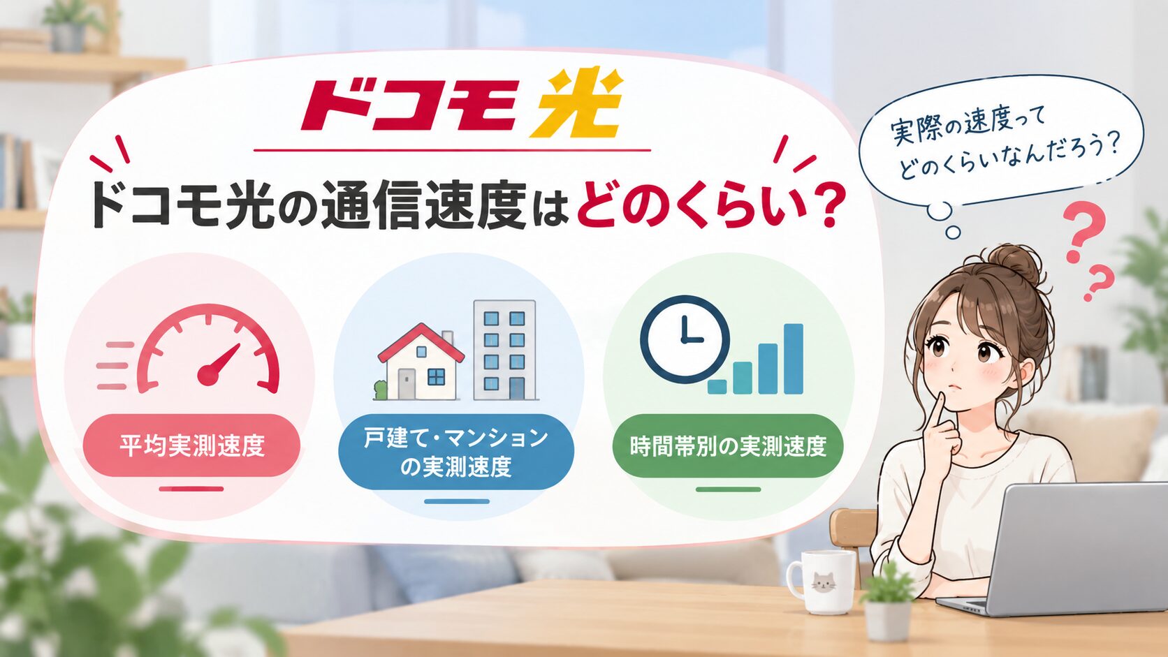 ドコモ光の平均実測速度や戸建て・マンション、時間帯別の実測速度を紹介するイメージ画像