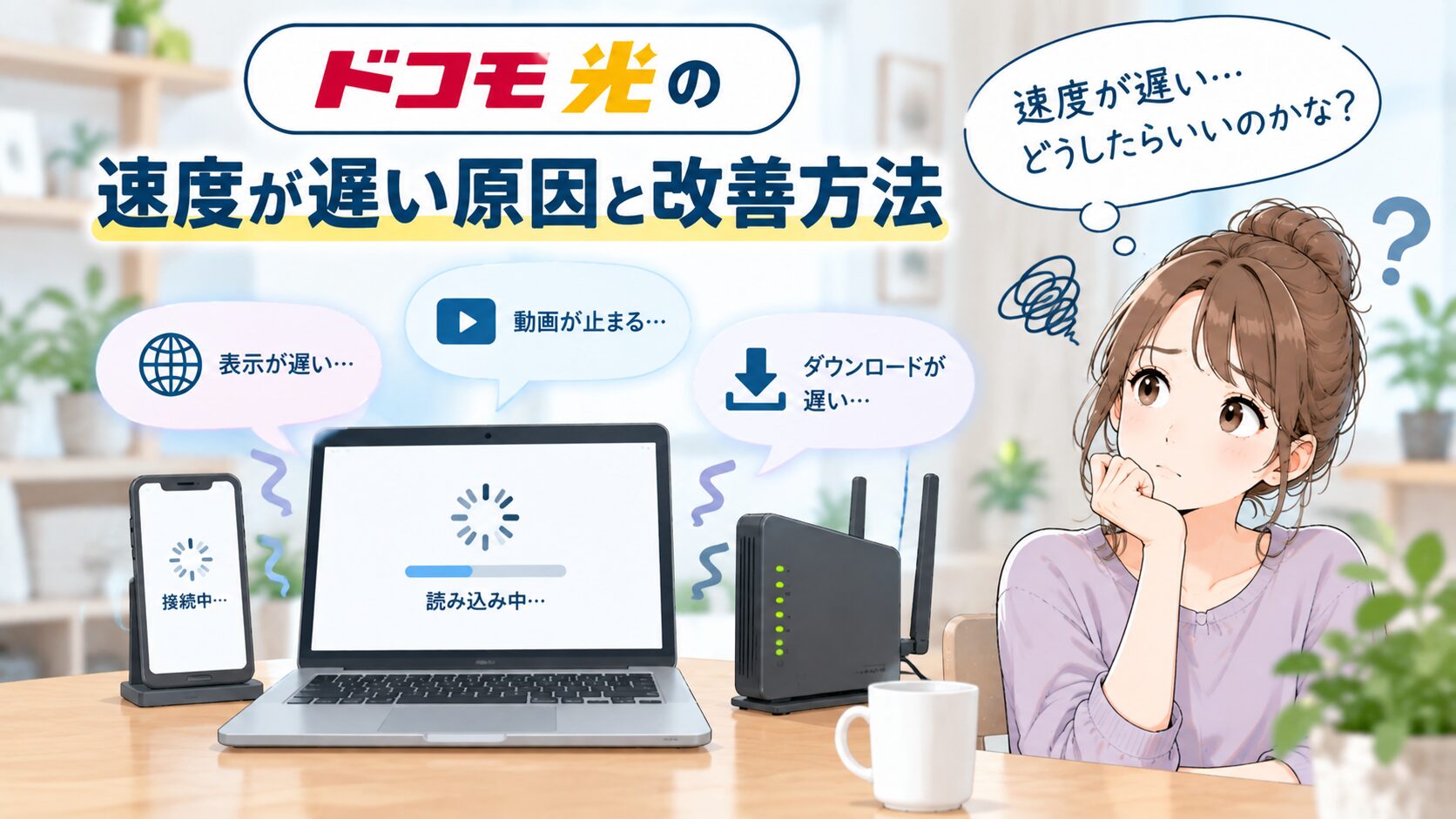 ドコモ光の通信速度が遅いときの原因と改善方法を紹介するイメージ画像