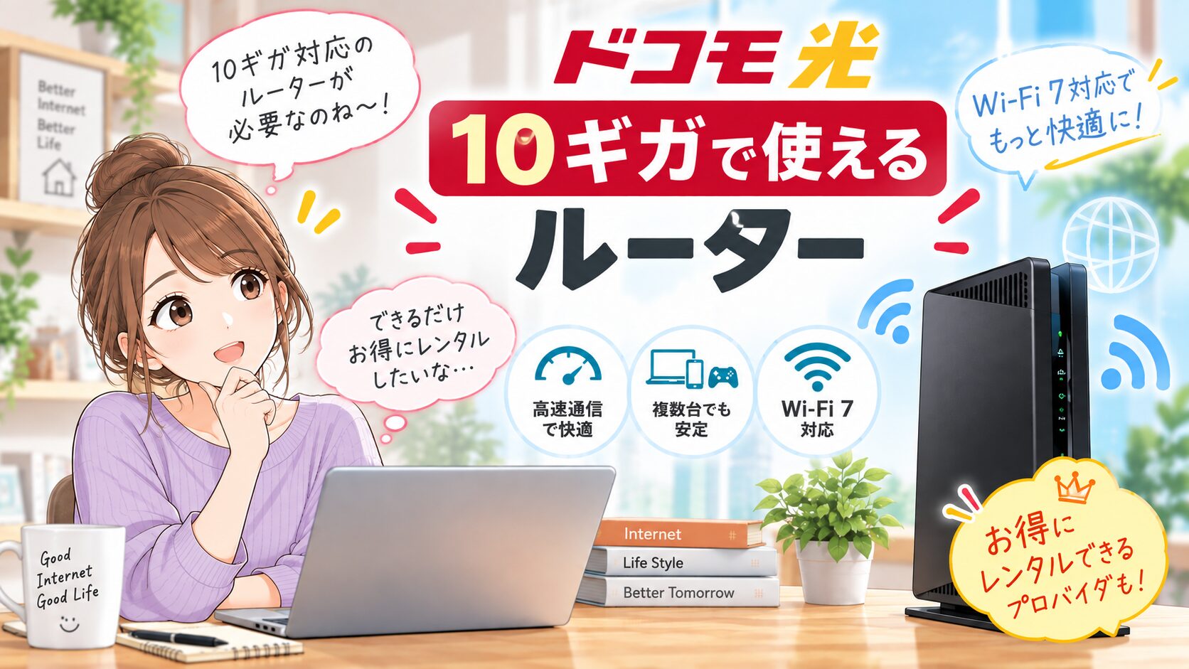 ドコモ光10ギガで使える対応ルーターや、お得なレンタル方法を紹介するイメージ画像