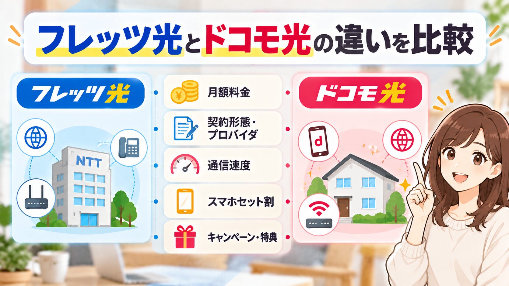 フレッツ光とドコモ光の月額料金や通信速度、スマホセット割などの違いを比較するイメージ画像