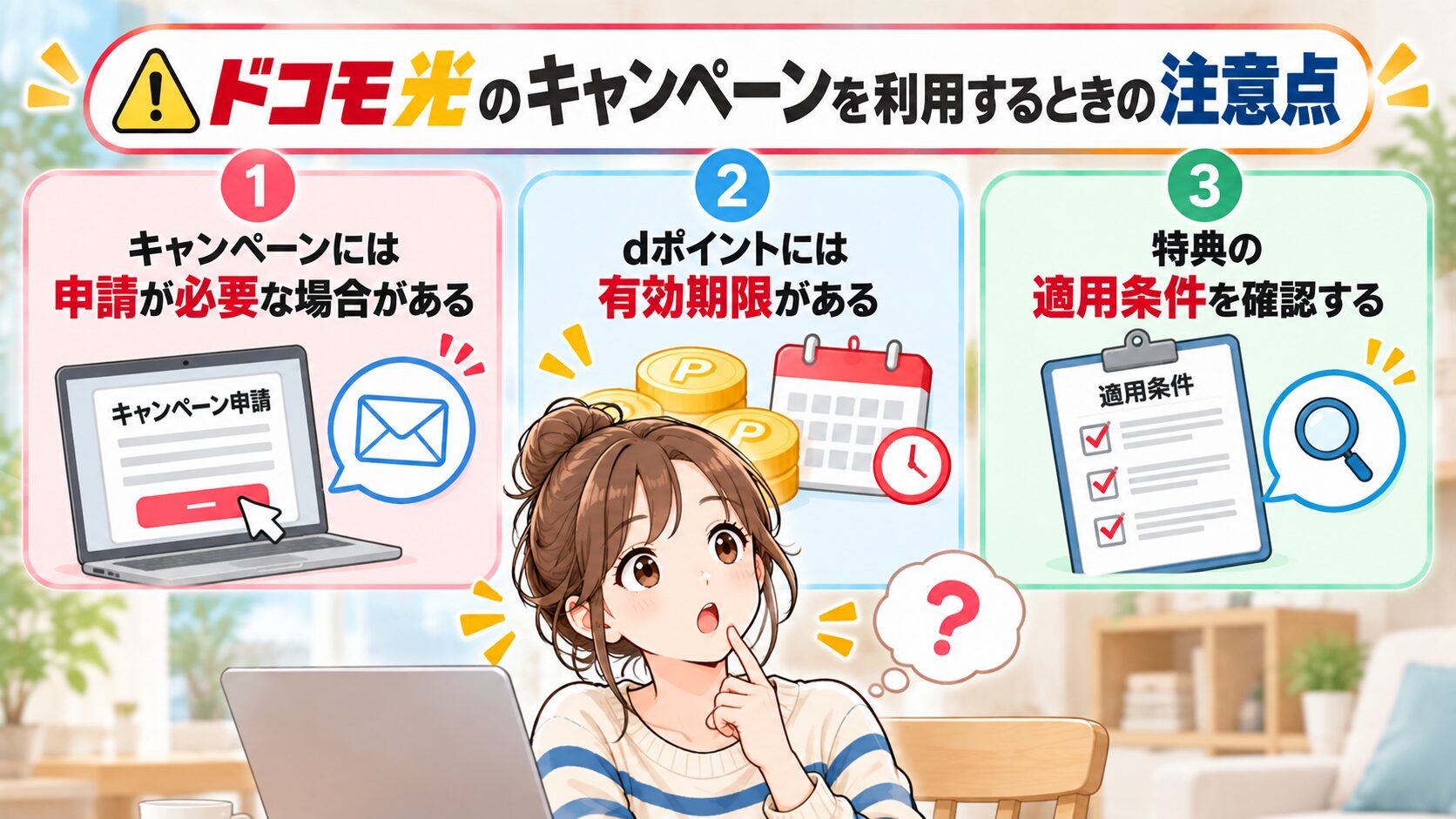 ドコモ光のキャンペーンを利用するときの3つの注意点を紹介するイメージ画像