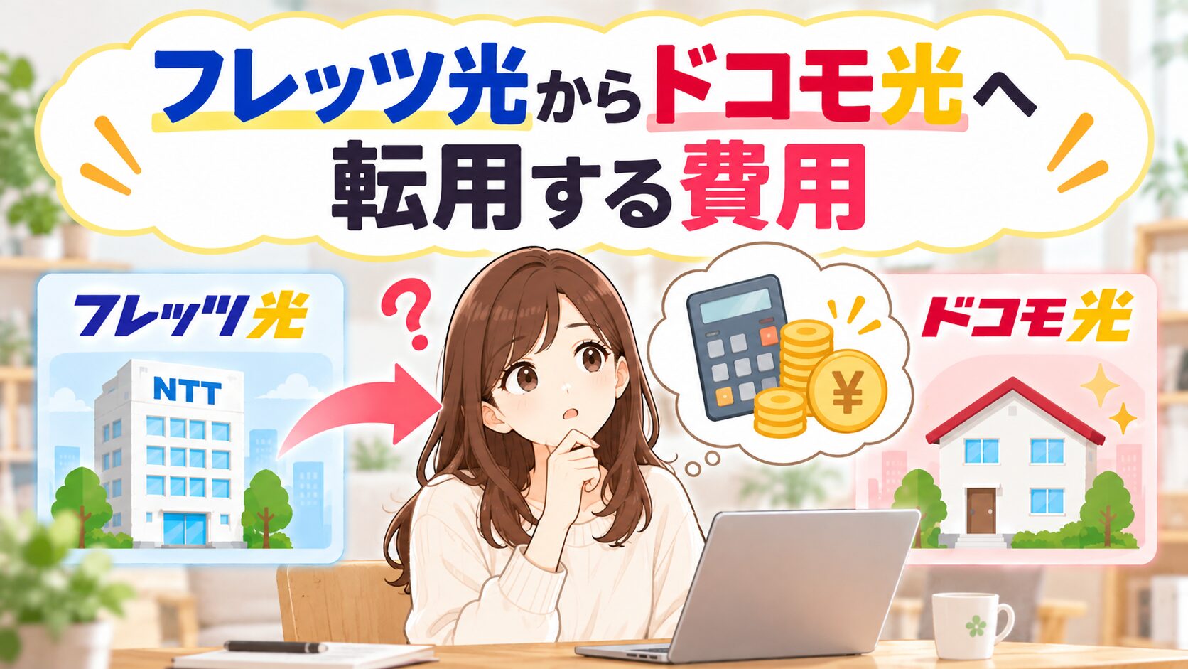 フレッツ光からドコモ光へ転用する費用について考える女性のイメージ画像