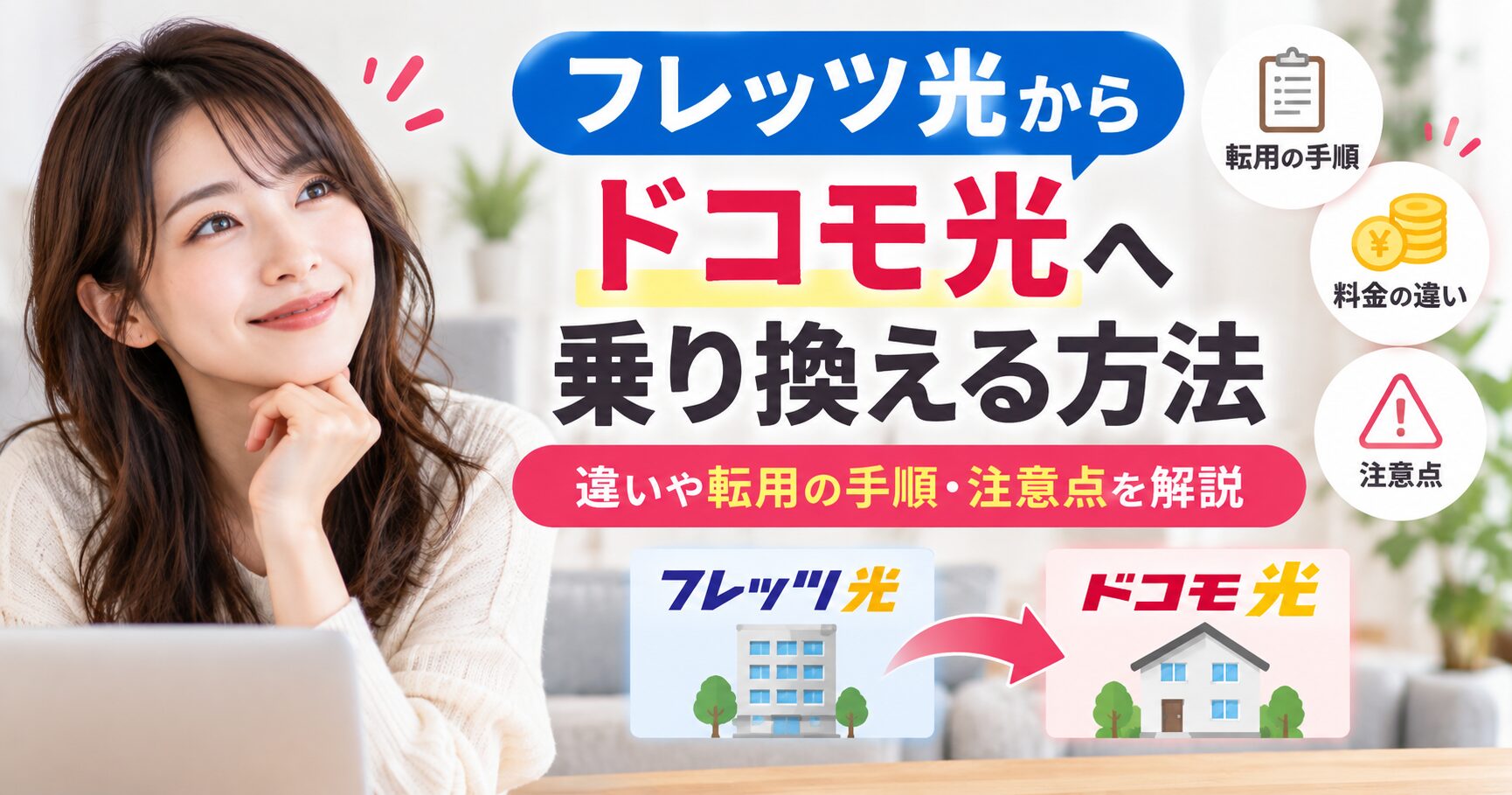 フレッツ光からドコモ光への乗り換え方法や転用の手順・注意点を解説するアイキャッチ画像。